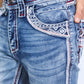blue denim holt slim boot cut jean men platini front pocket close up