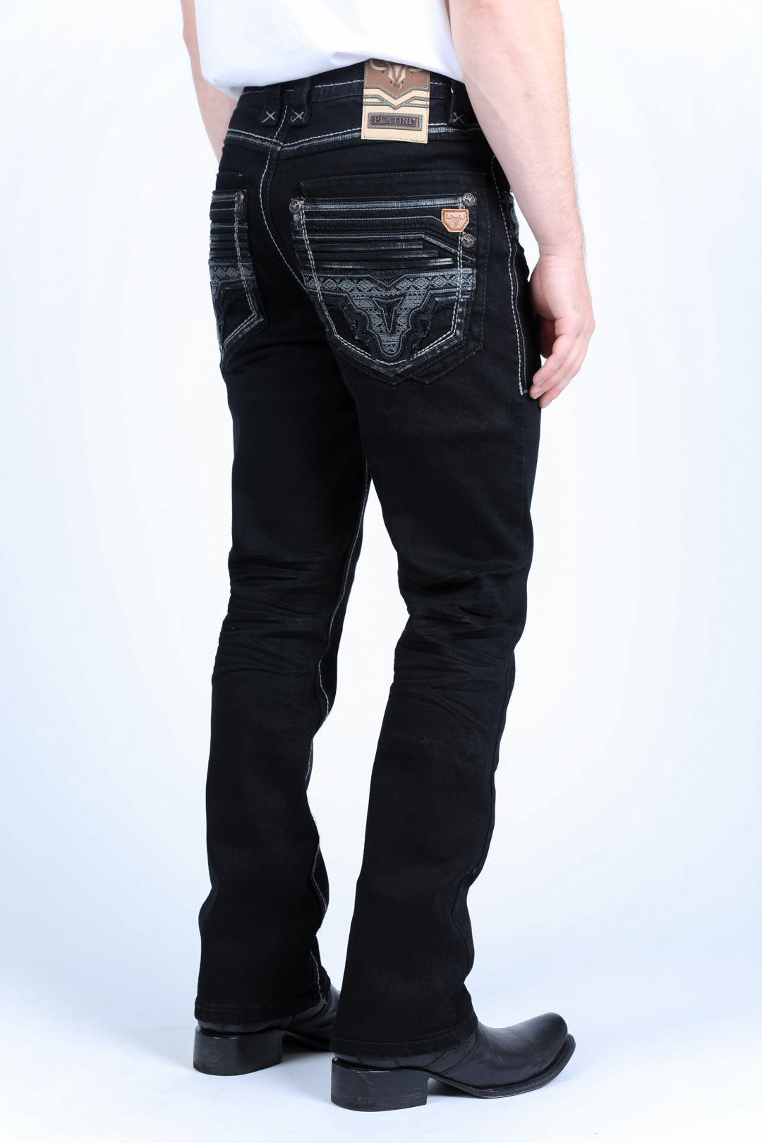 jet black aztec flap bootcut jean men platini side