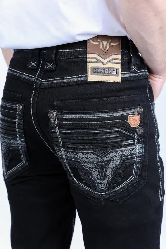 jet black holt slim boot cut jean men platini back pocket detail