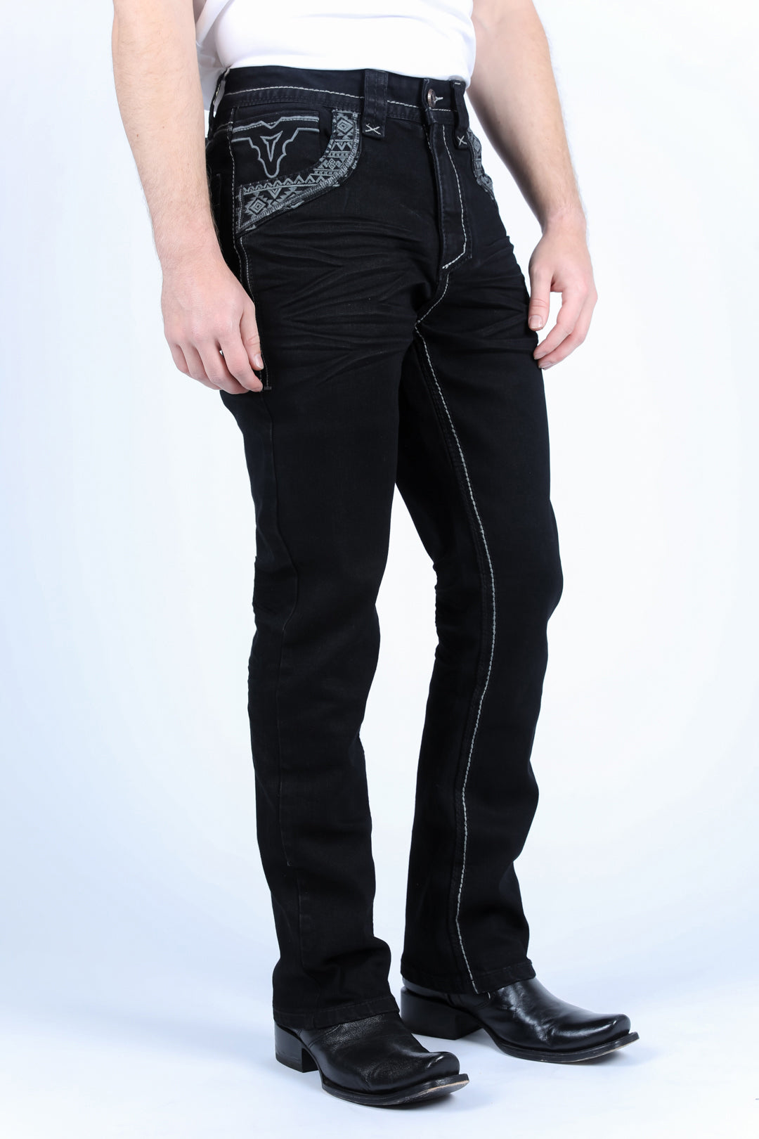 jet black aztec flap bootcut jean men platini close up front