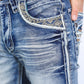 light blue denim holt slim boot cut jean men platini close up front pocket