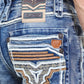 light denim blue aztec flap bootcut jean men platini close up stitching pocket