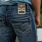 dark denim blue corded chevron bootcut jean men platini close up stitching pocket