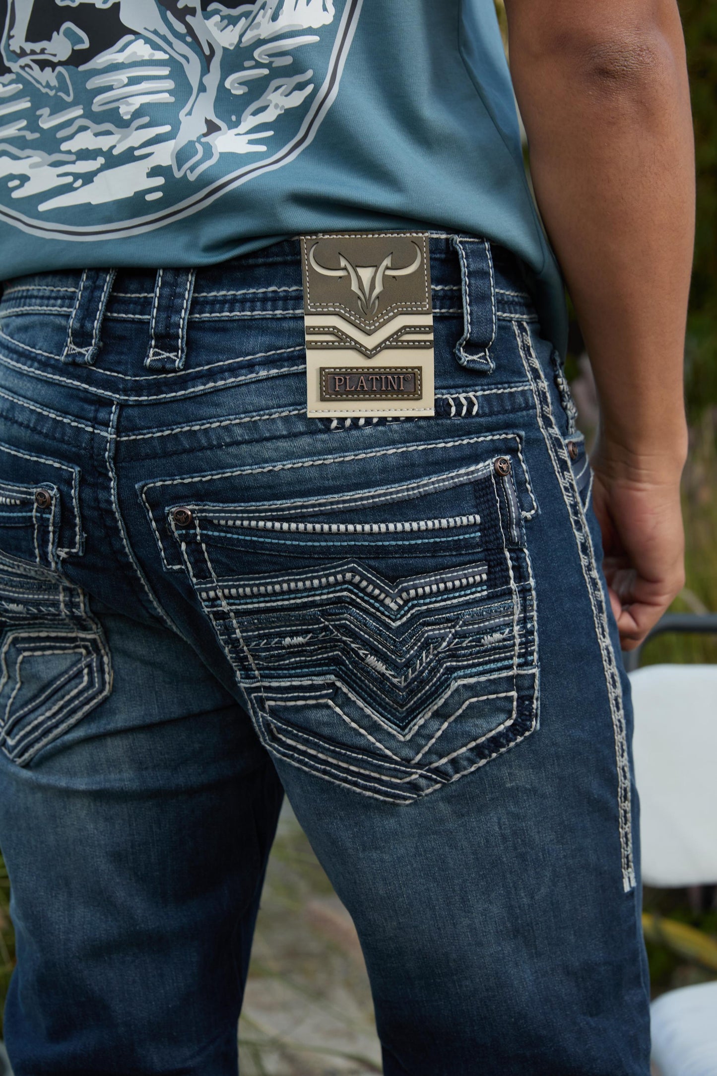 dark denim blue corded chevron bootcut jean men platini close up stitching pocket