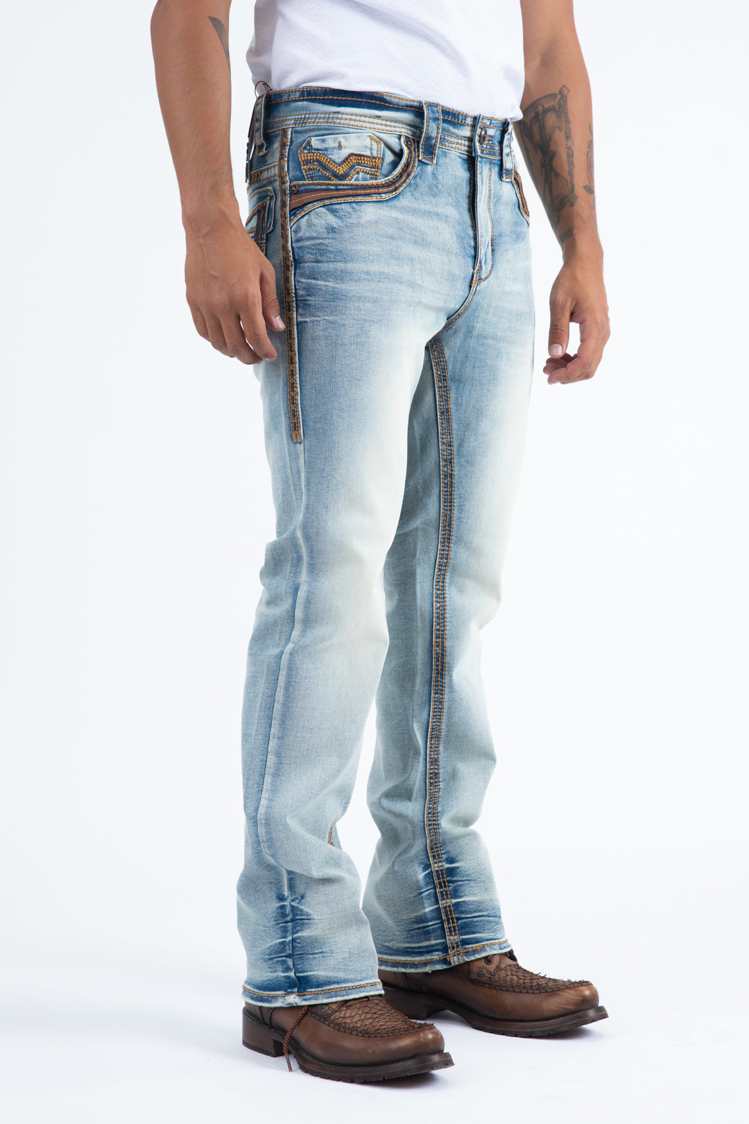 light blue corded chevron bootcut jean men platini side front