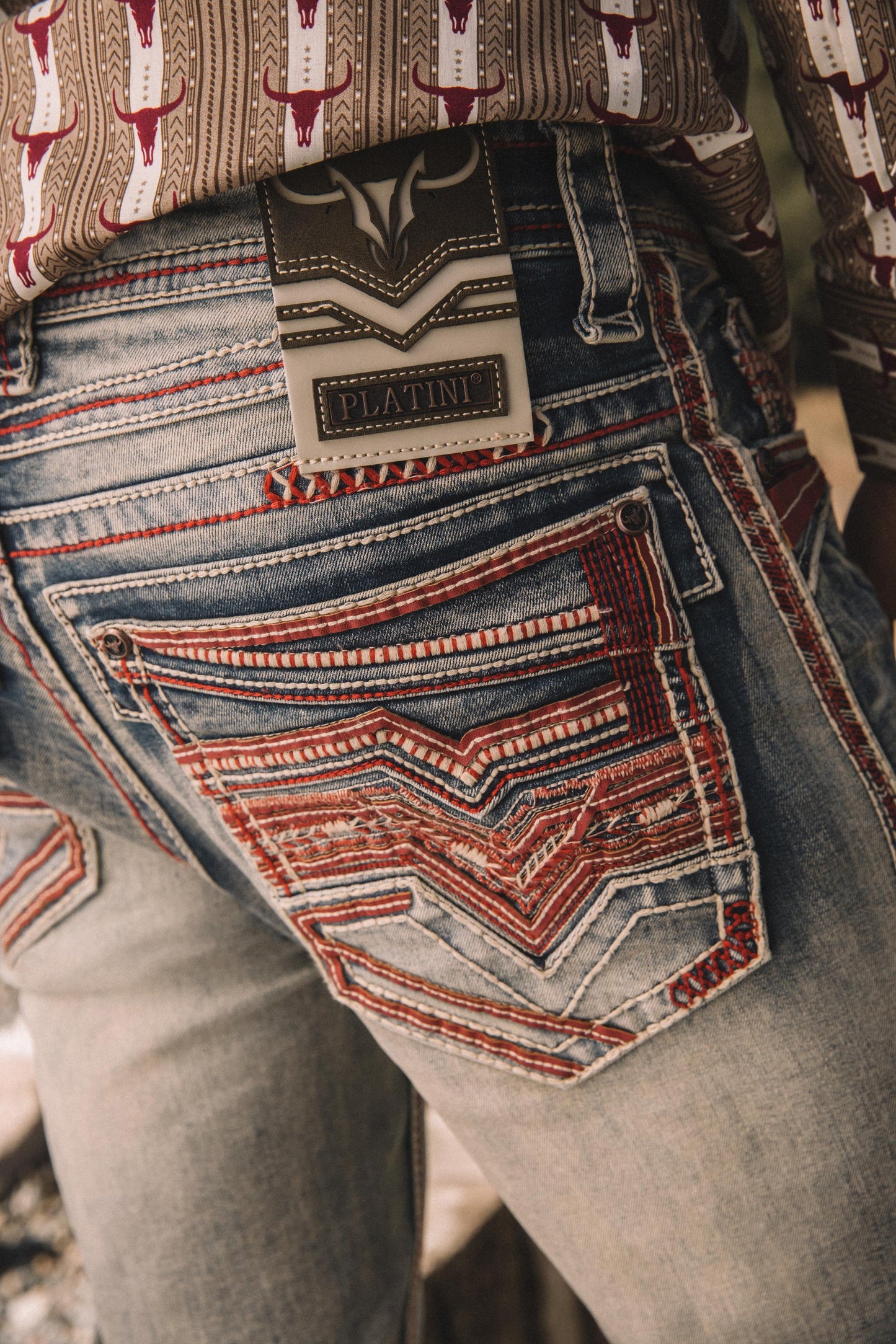light denim blue corded chevron bootcut jean men platini close up stitching pocket