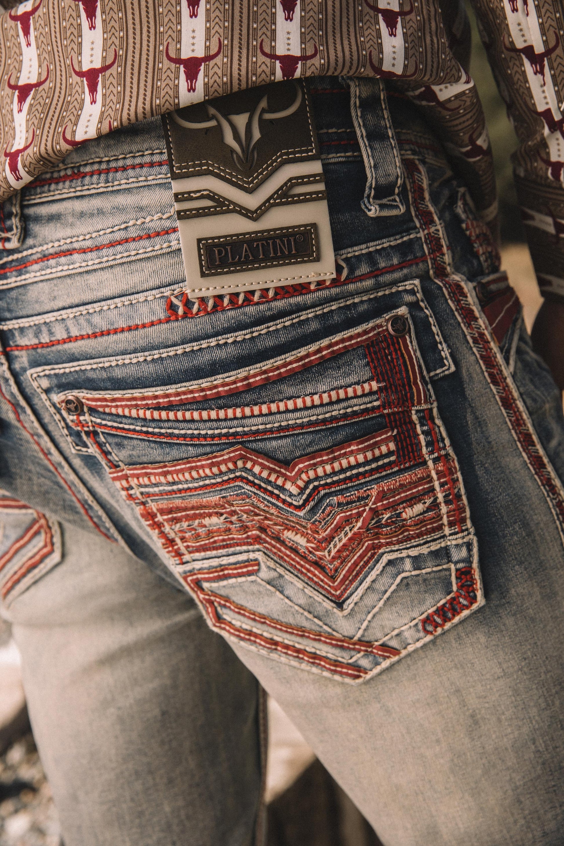 light denim blue corded chevron bootcut jean men platini close up stitching pocket