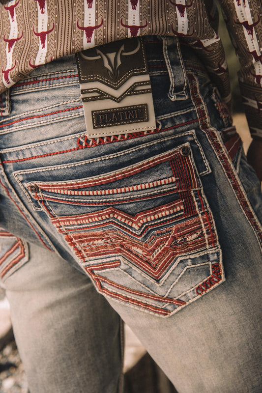 light denim blue corded chevron bootcut jean men platini close up stitching pocket