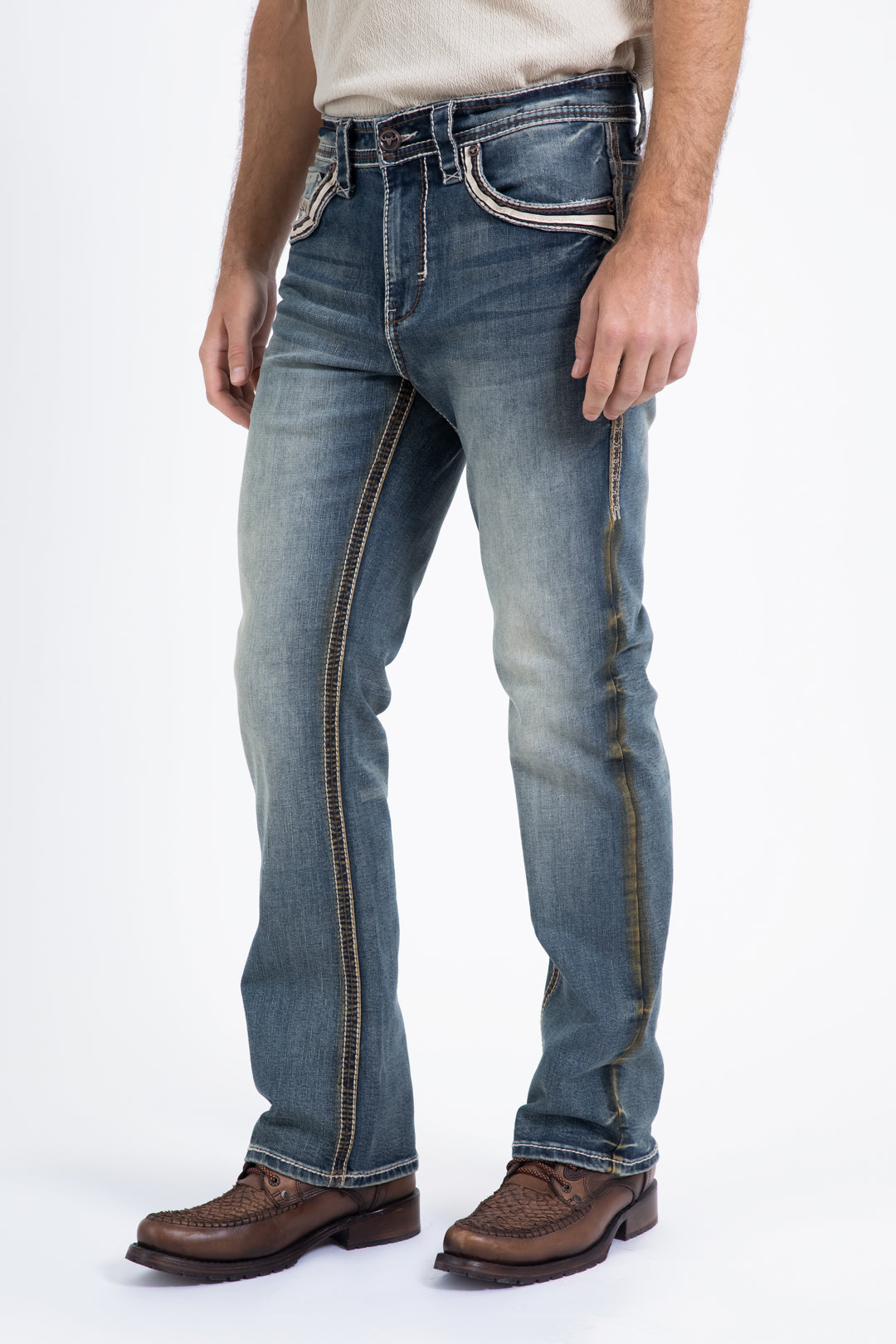 dark stone flat chevron bootcut jean men platini side