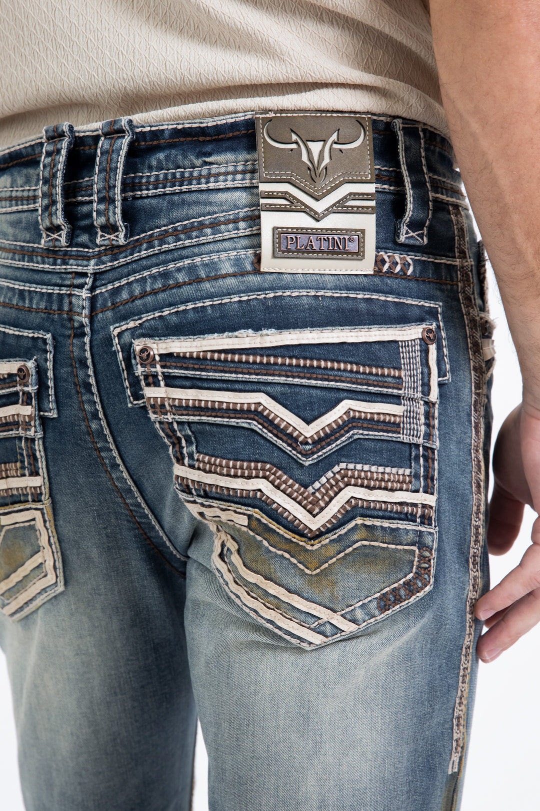 dark stone flat chevron bootcut jean men platini close up stitching pocket