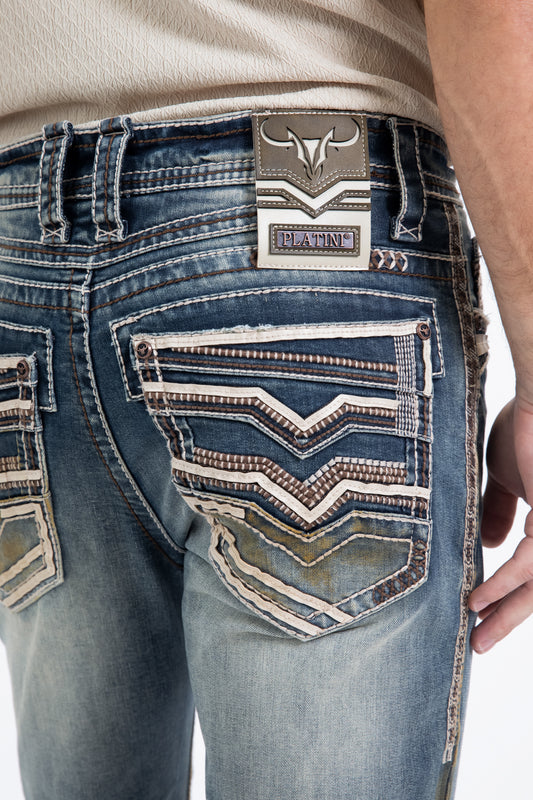 dark stone flat chevron bootcut jean men platini close up stitching pocket
