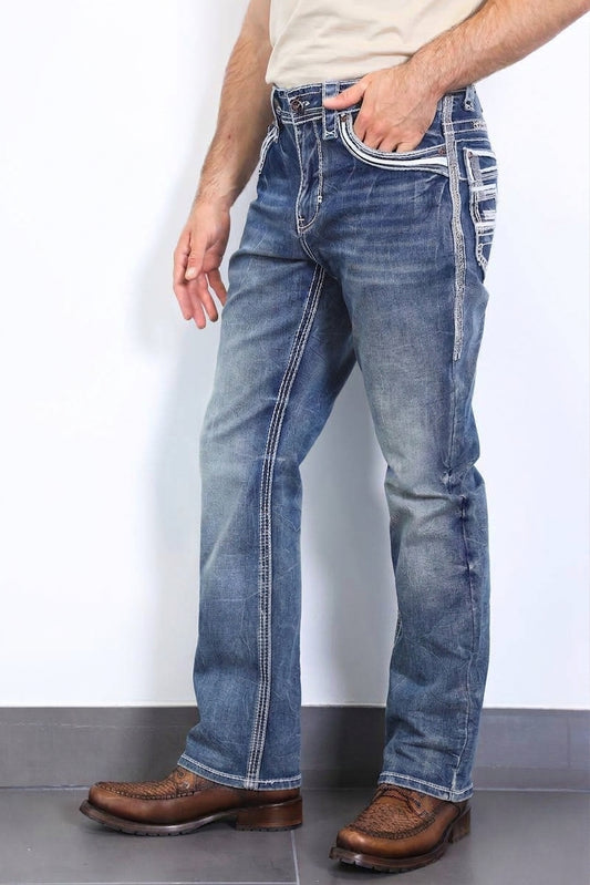denim blue flat chevron bootcut jean men platini side