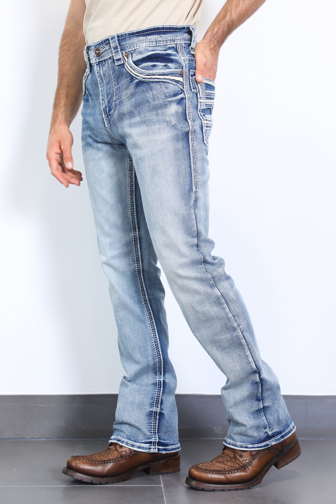 light blue boot cut jean men holt platini side