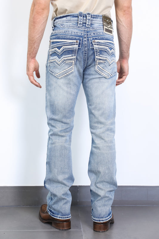 light blue flat chevron bootcut jean men platini back