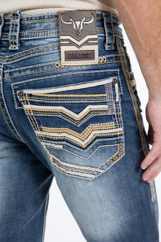 tint blue slim boot cut jean men holt platini back pocket close up stitching