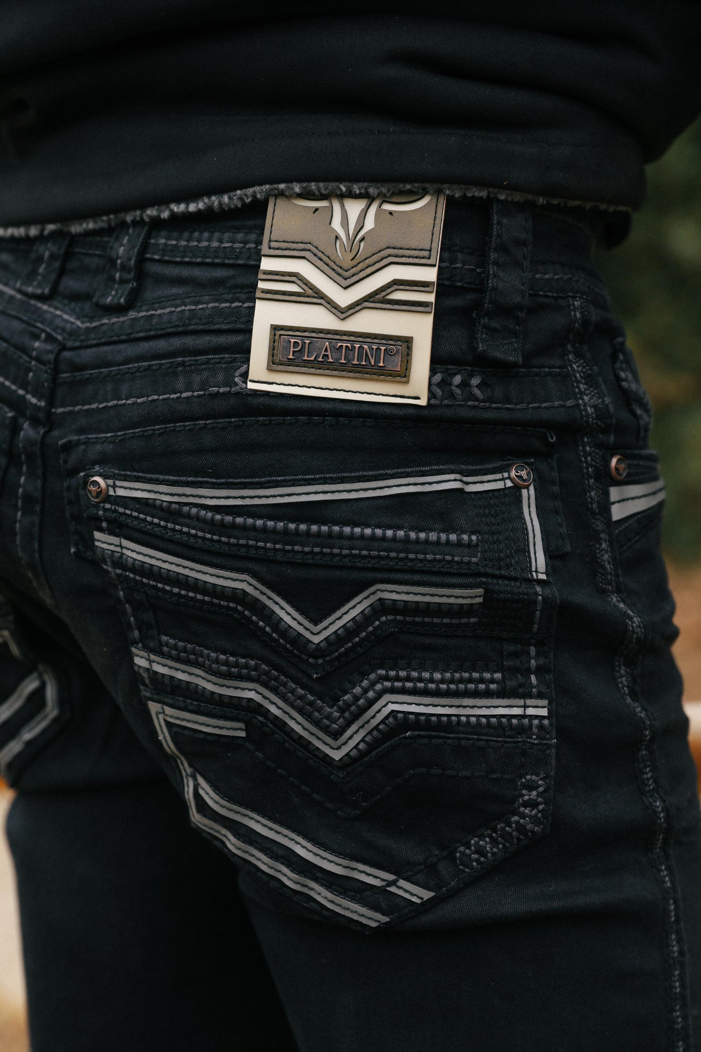 black slim boot cut jean men holt platini back pocket detail
