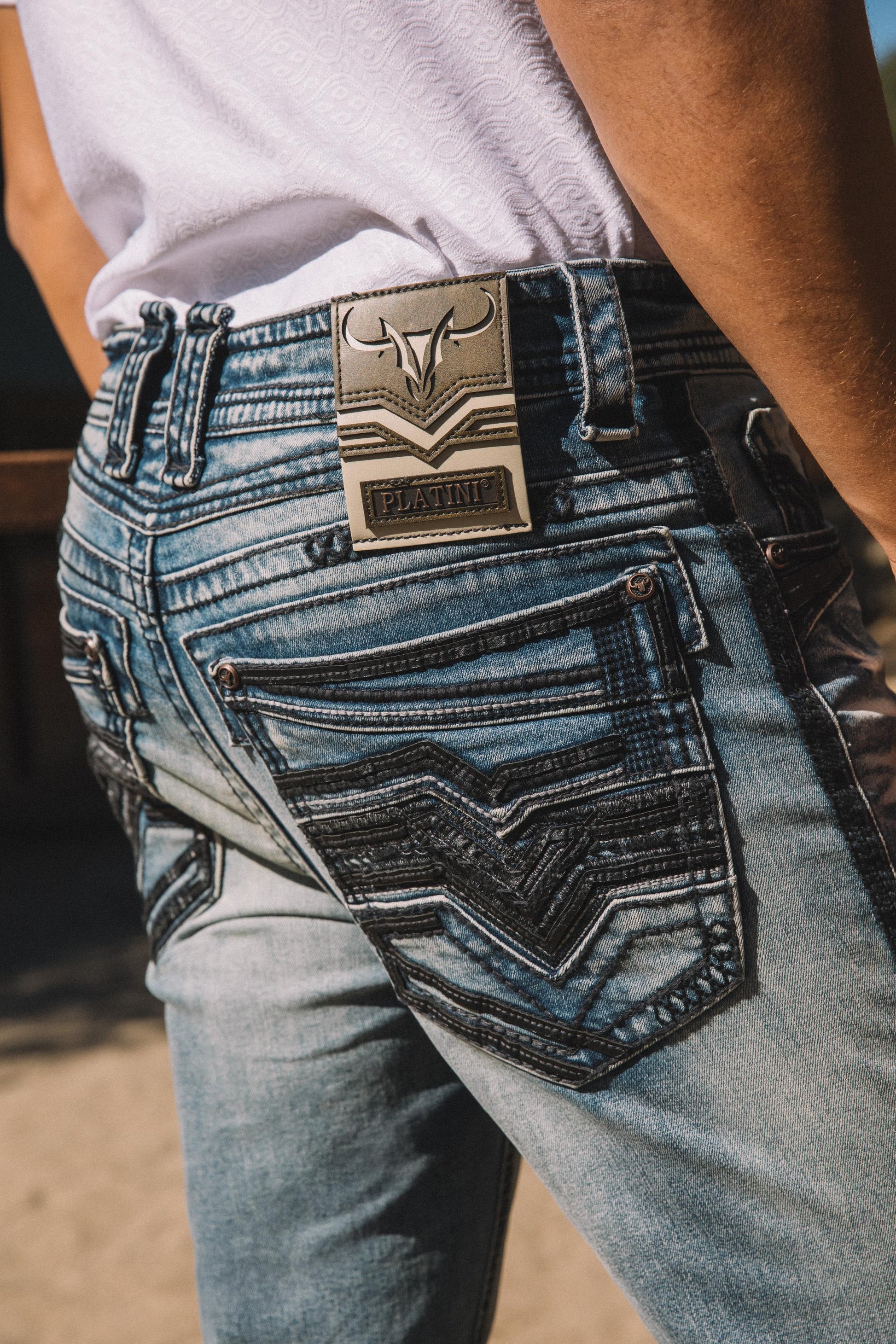 denim blue slim boot cut jean men holt platini back pocket detail