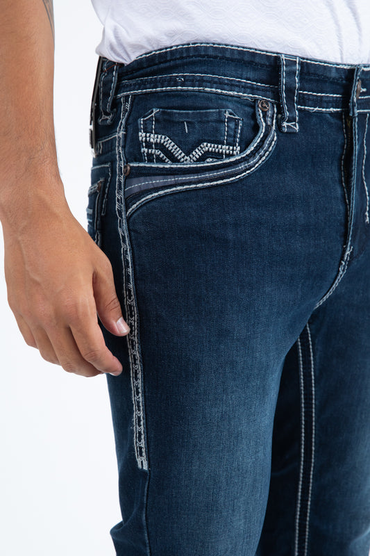 dark denim slim boot cut jeans men holt platini front pocket detail