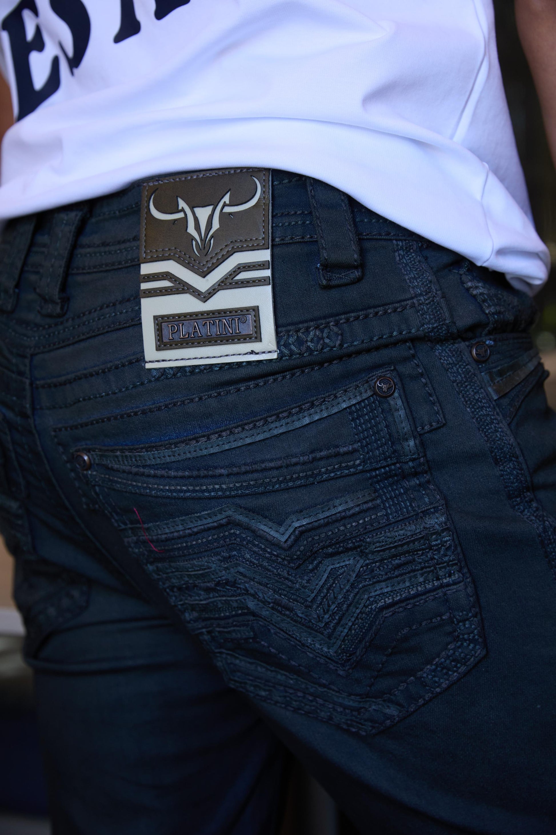 dark stone slim boot cut jeans men holt platini back pocket detail
