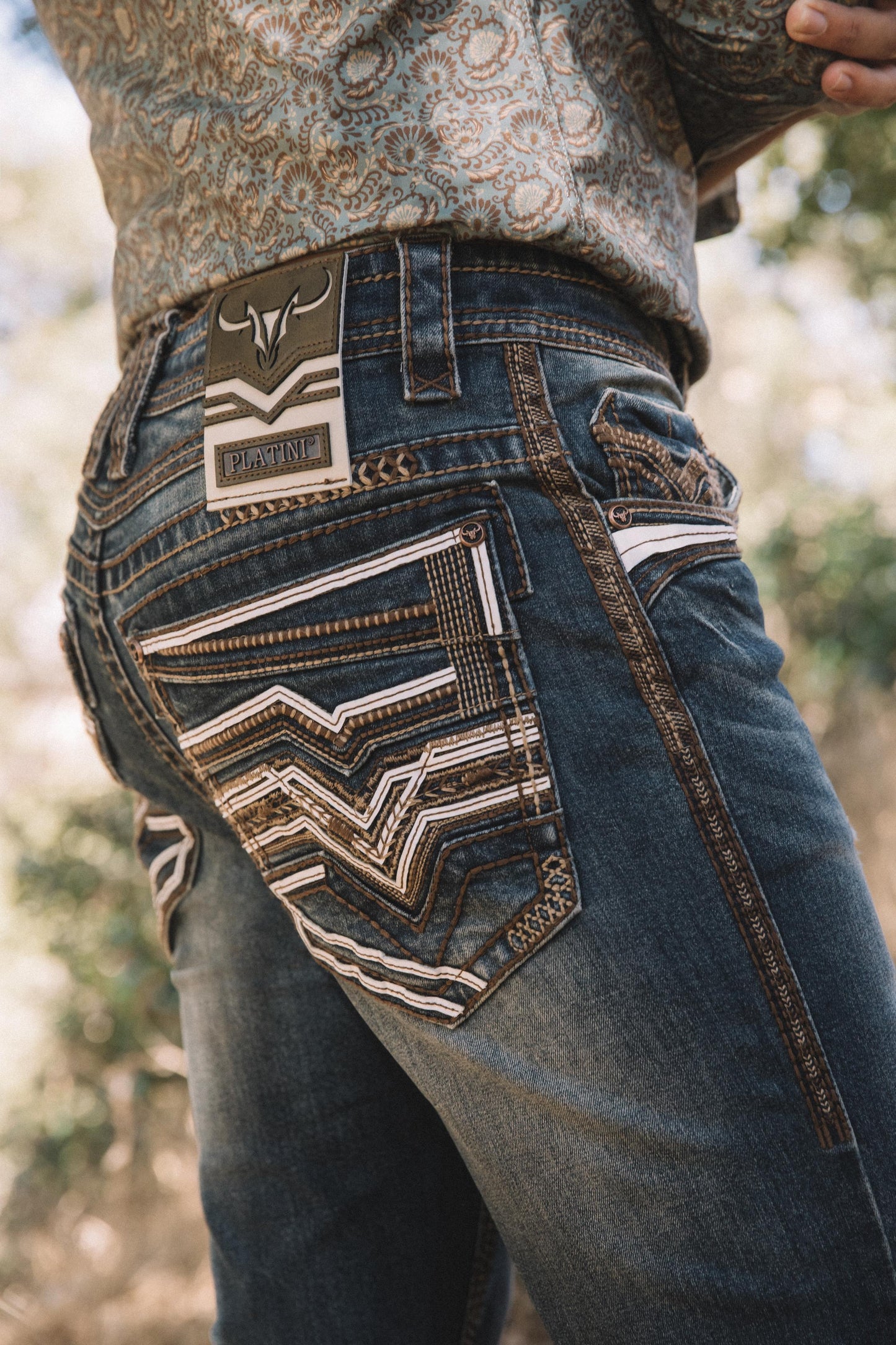 indigo slim boot cut jean men holt platini back pocket detail