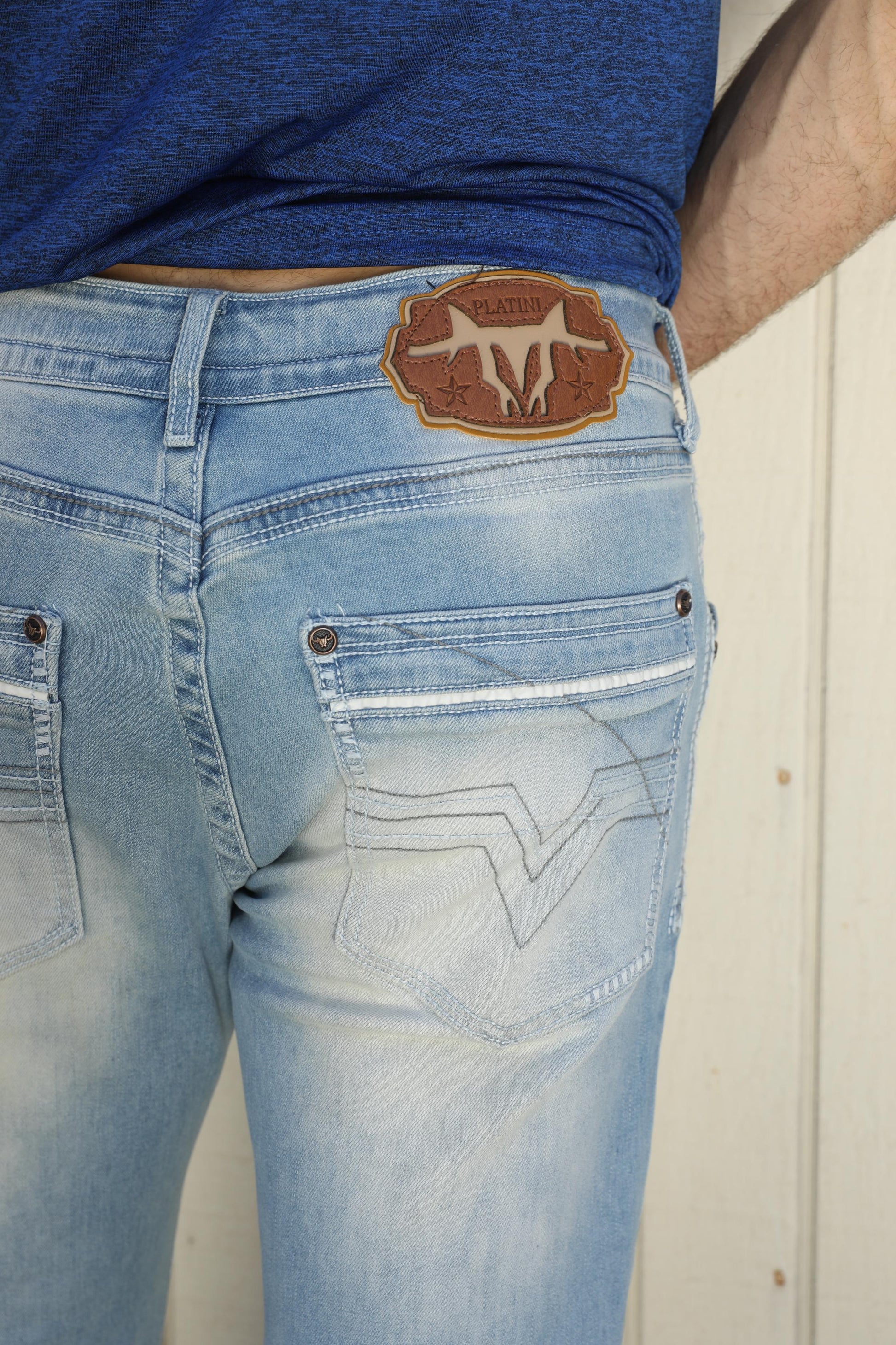 blue boot cut jean men platini back pocket detail