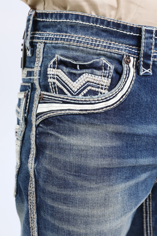 denim blue ridge chevron bootcut jean men platini close up front