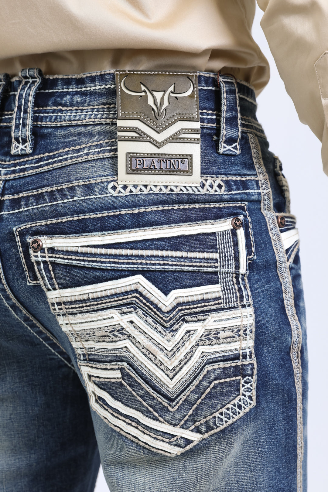 blue denim slim boot cut jean men holt platini close up stitching pocket back