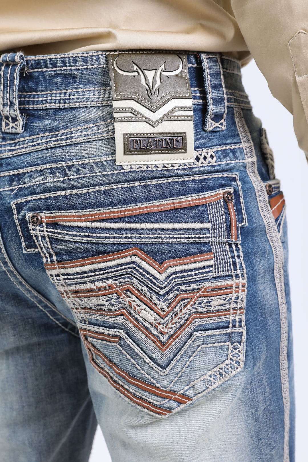 light blue slim bootcut jean men holt  ridge chevron platini close up stitching pocket