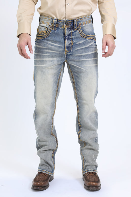 light denim blue slim boot cut jean men holt ridge chevron platini front