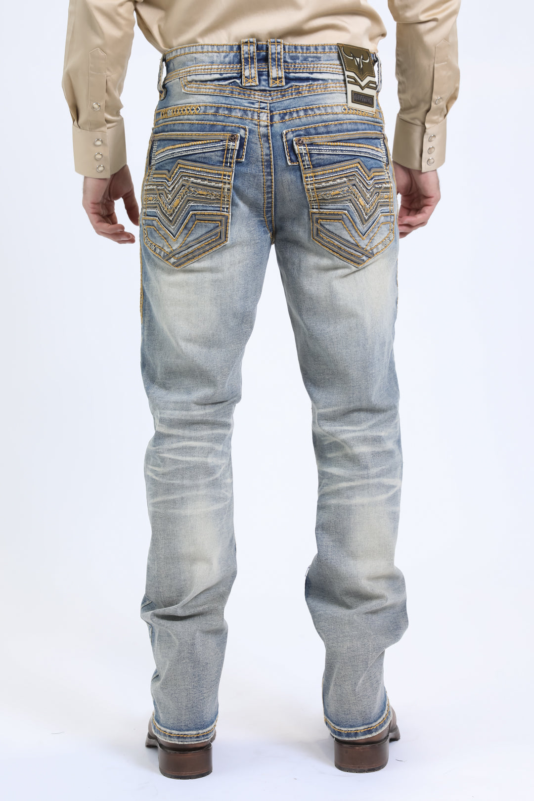 light denim blue slim boot cut jean men holt ridge chevron platini back
