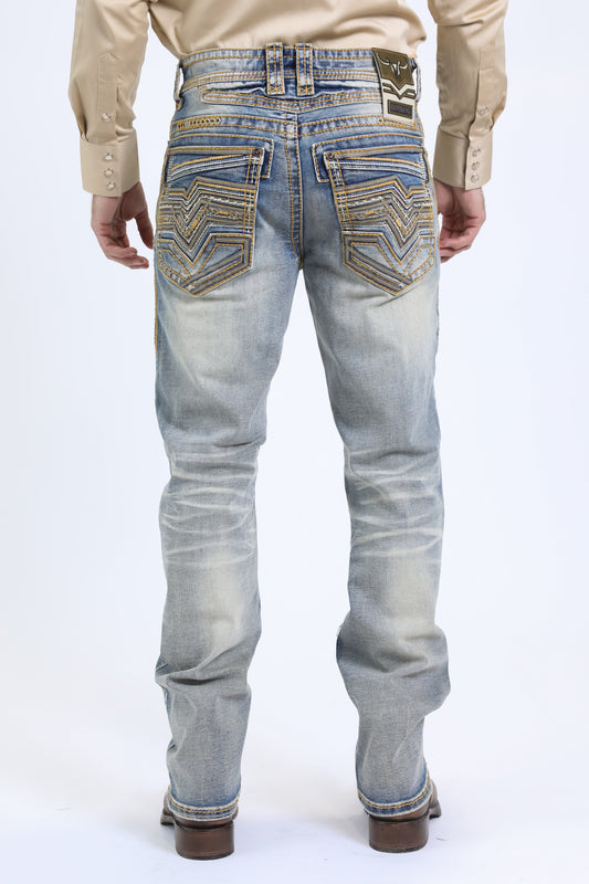 light denim blue slim boot cut jean men holt ridge chevron platini back