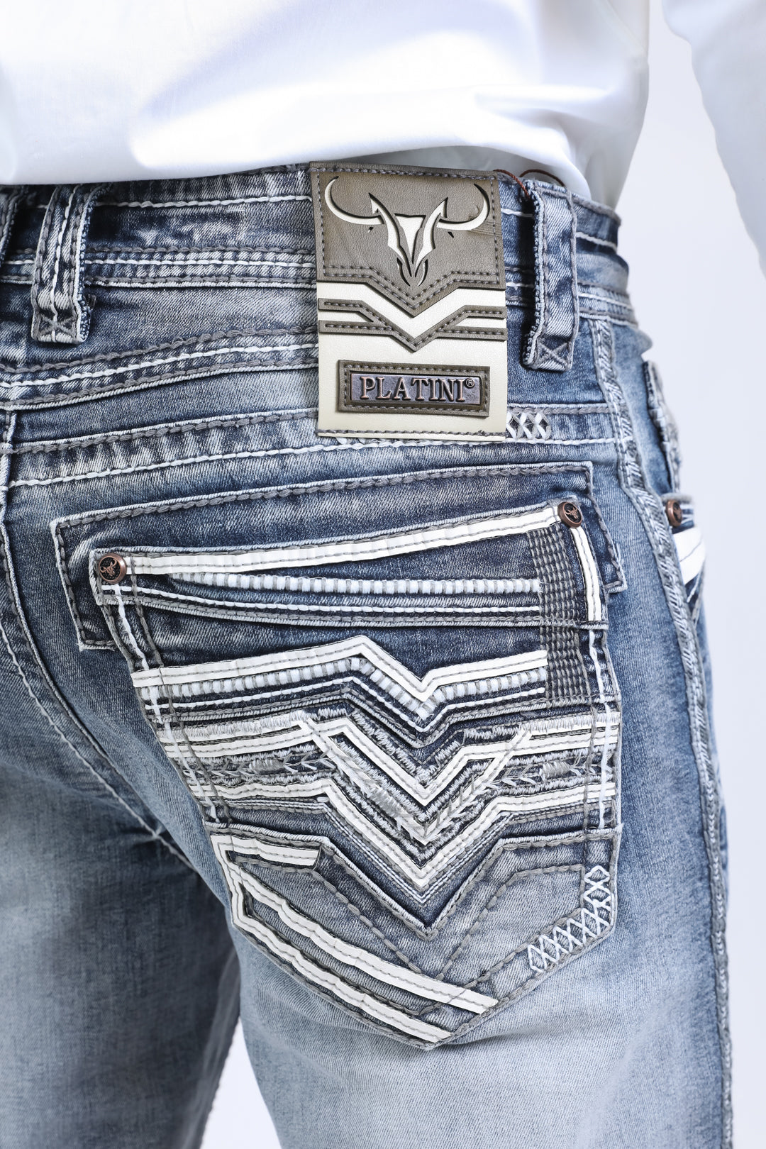 slate grey ridge chevron bootcut jean men platini close up stitching pocket