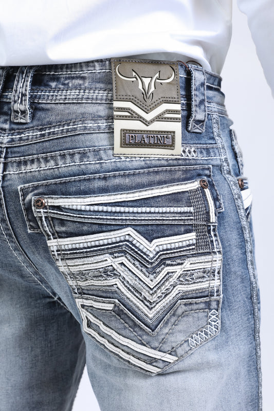 slate grey ridge chevron bootcut jean men platini close up stitching pocket
