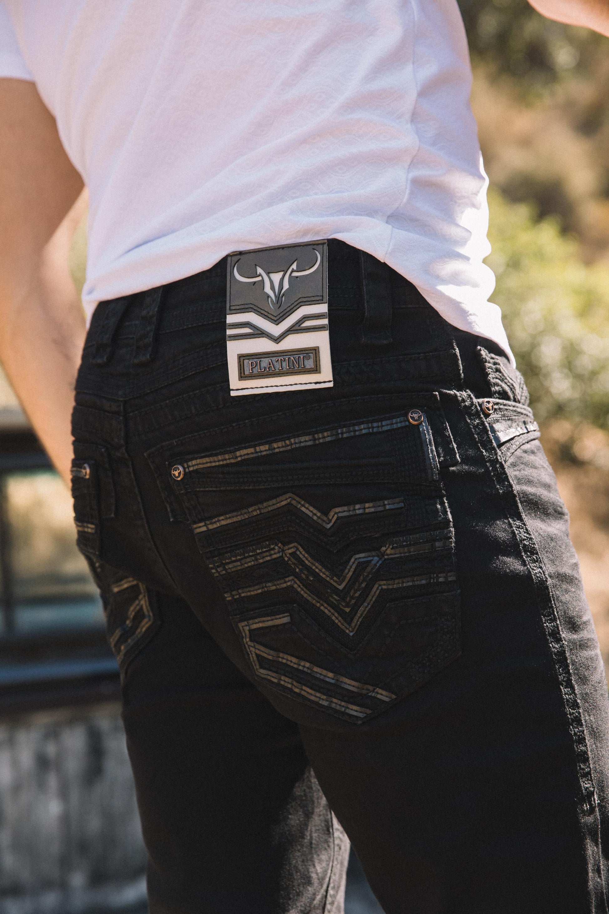 Men Holt Solid Tonal BootCut Jean - Black Platini close up stitching pocket