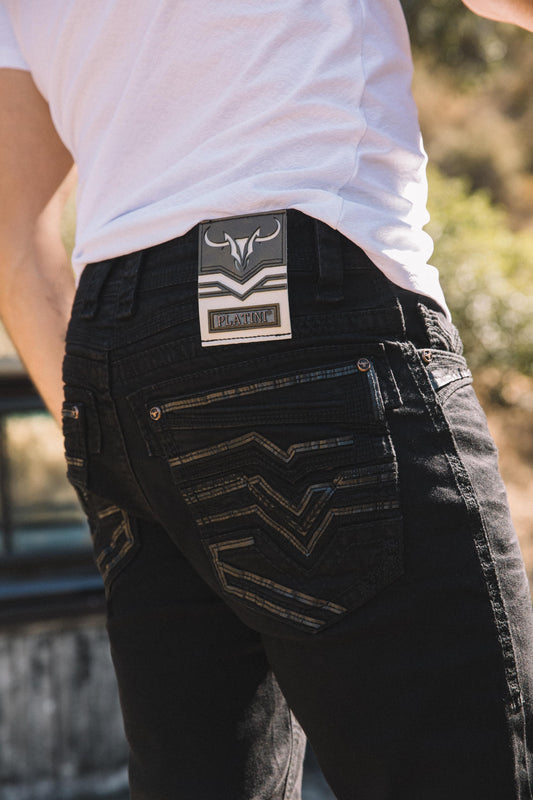 Men Holt Solid Tonal BootCut Jean - Black Platini close up stitching pocket