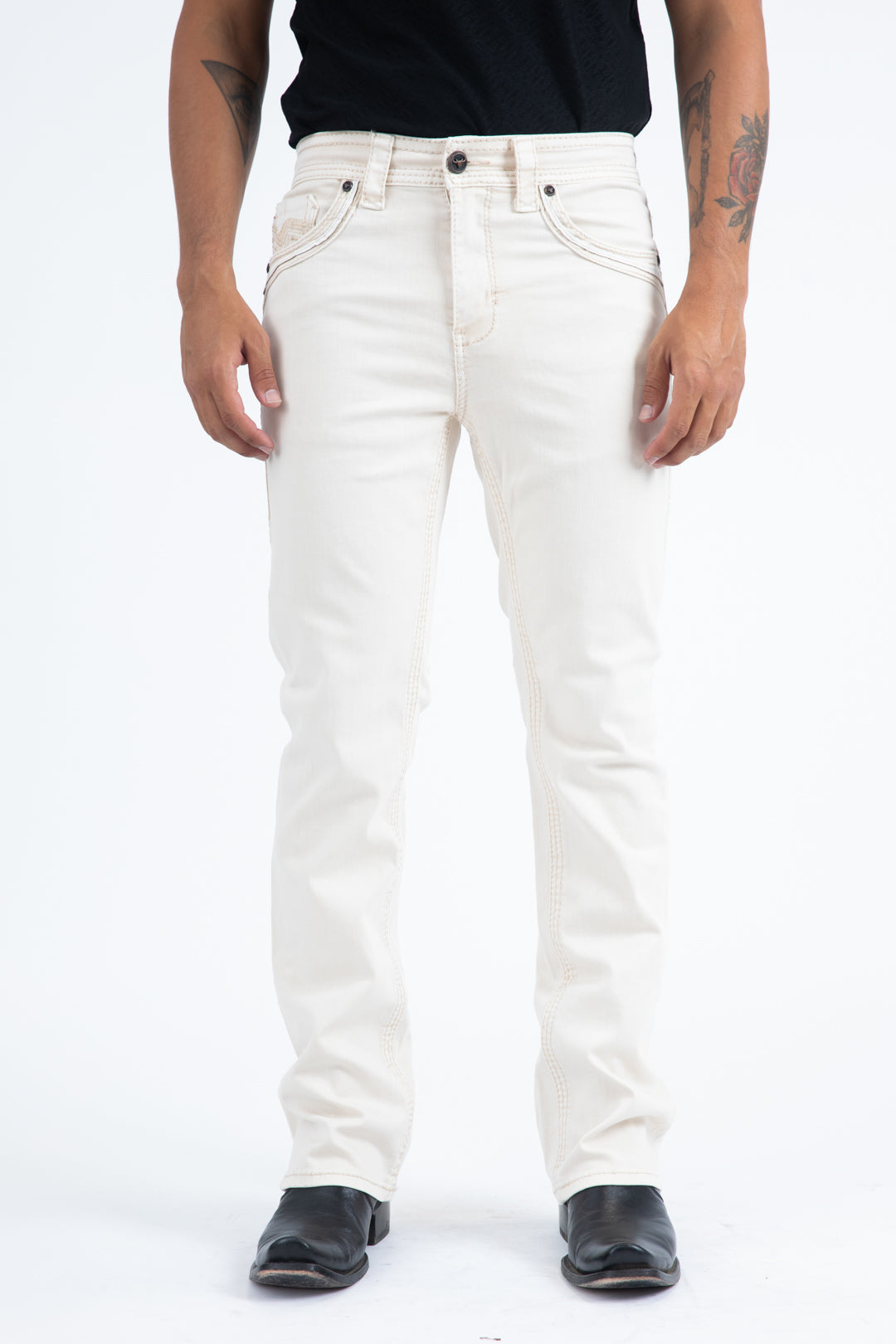 off white slim boot cut jean men holt platini front