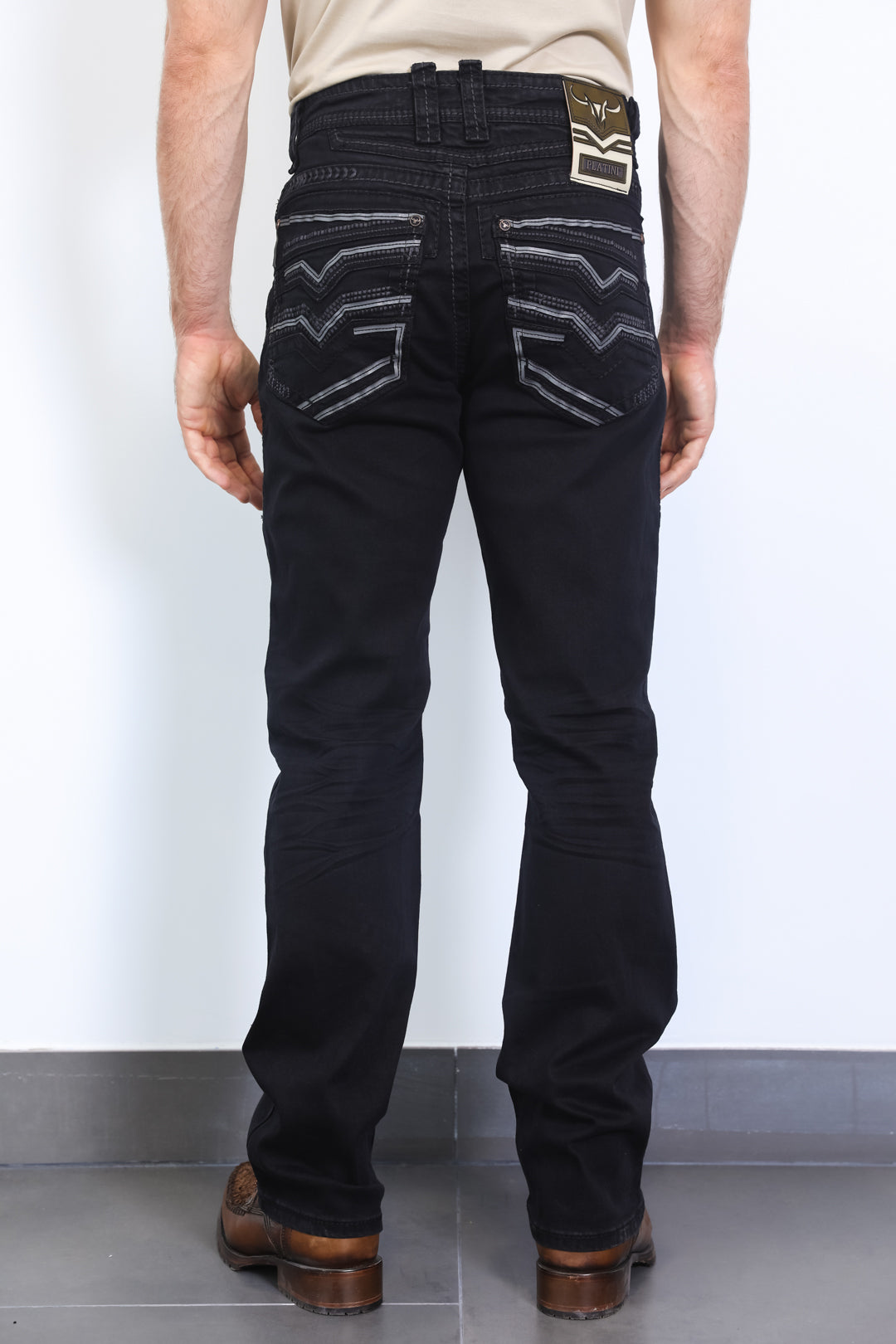 black solid wash bootcut jean men platini back