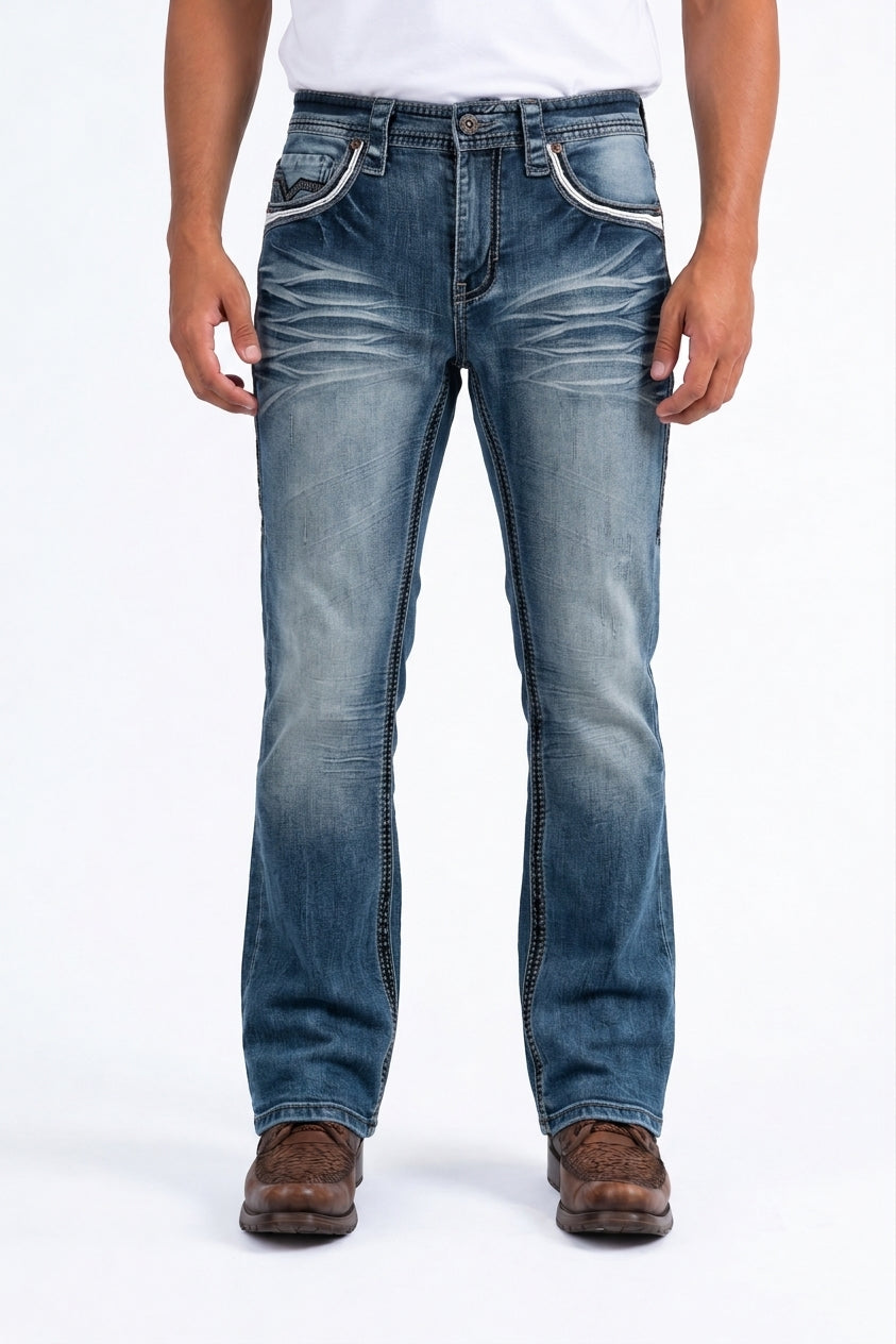 medium blue holt studded chevron bootcut jean men platini front
