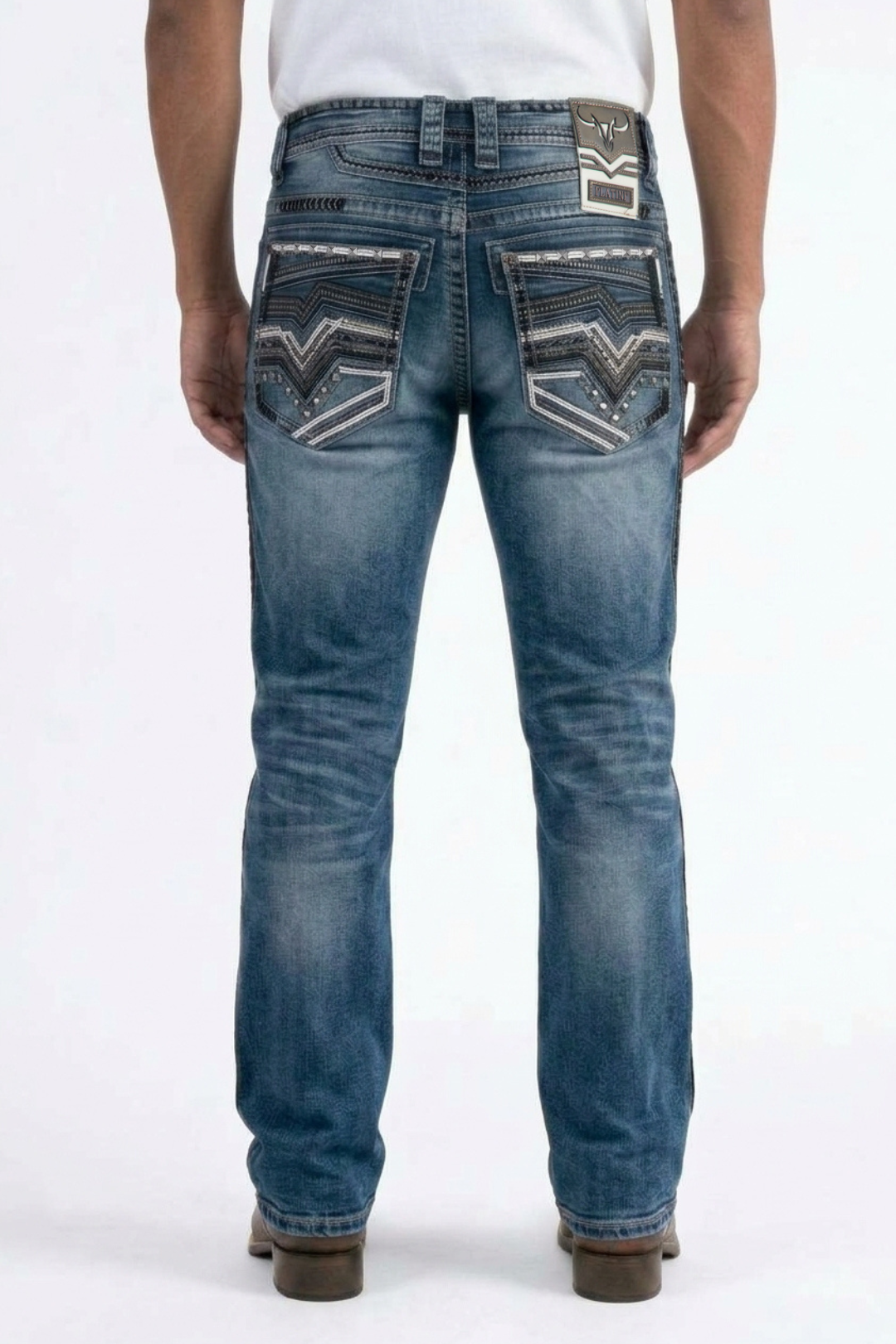 medium blue holt studded chevron bootcut jean men platini front