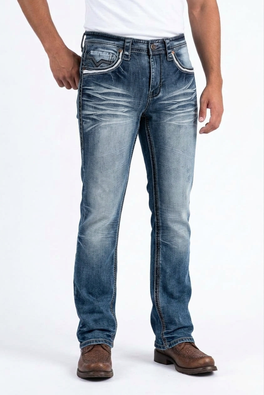 medium blue holt studded chevron bootcut jean men platini back