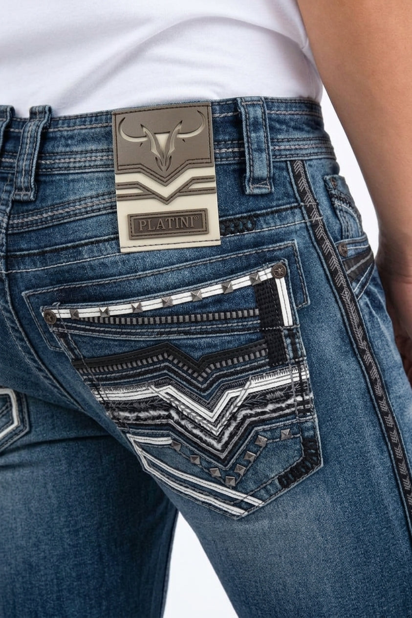 medium blue holt studded chevron bootcut jean men platini detail