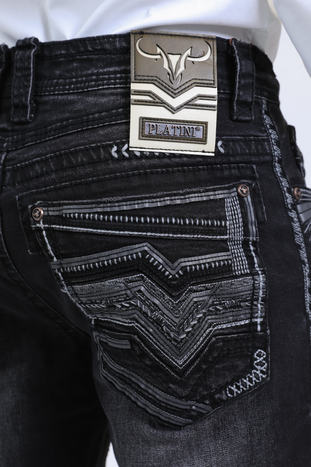 deep indigo summit chevron bootcut jean men platini close up stitching pocket