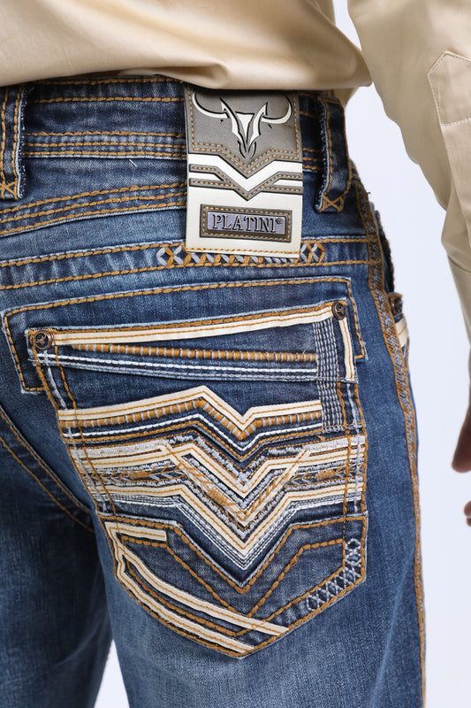 Holt Summit Bootcut Jean - Denim Blue close up stitching pocket Platini