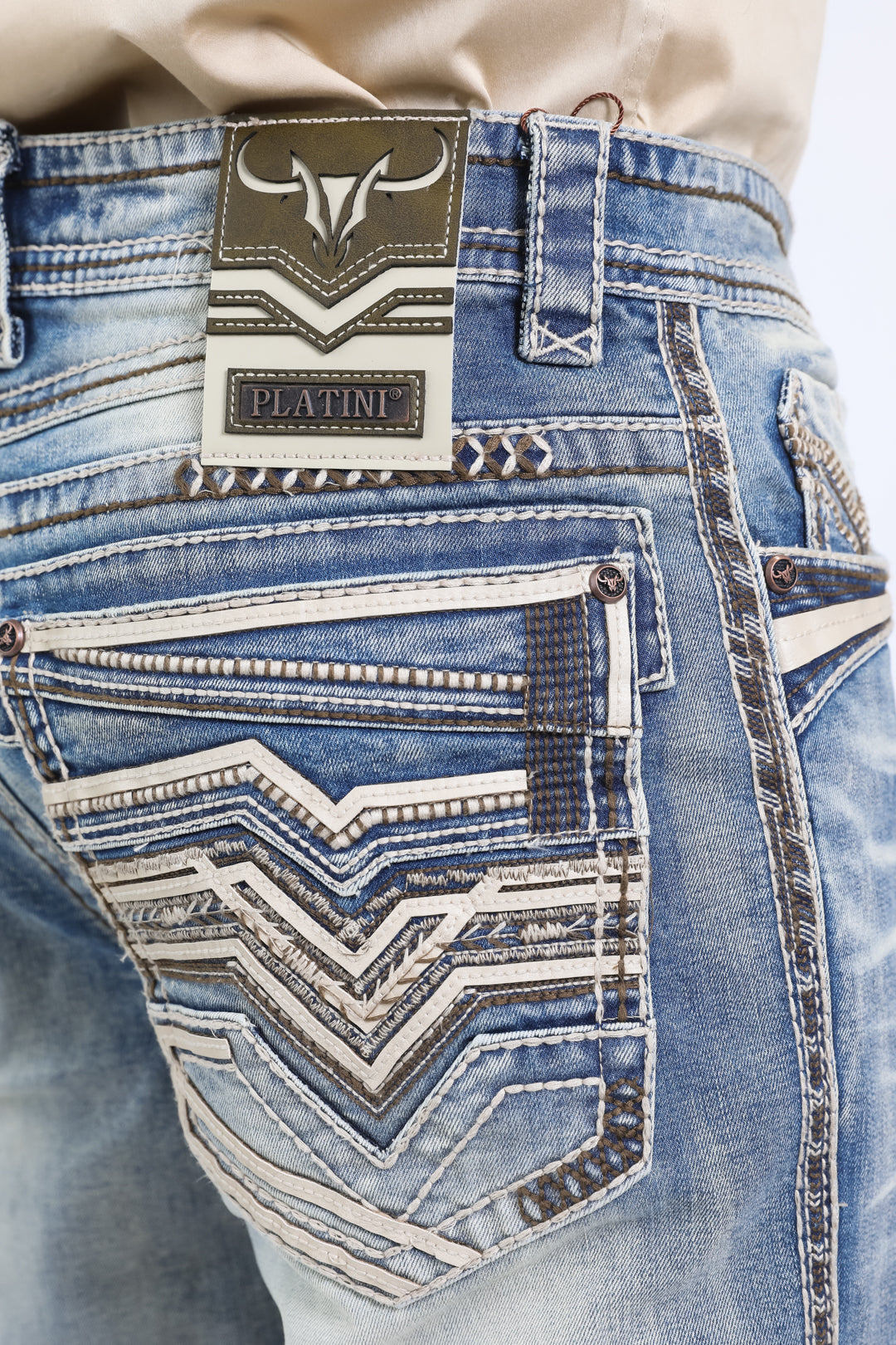 Holt Summit Chevron Slim Boot Cut Jean - Light Blue, Platini close up stitching pocket