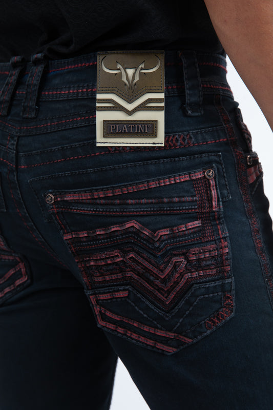 black slim boot cut jean men holt platini back pocket stitching close up
