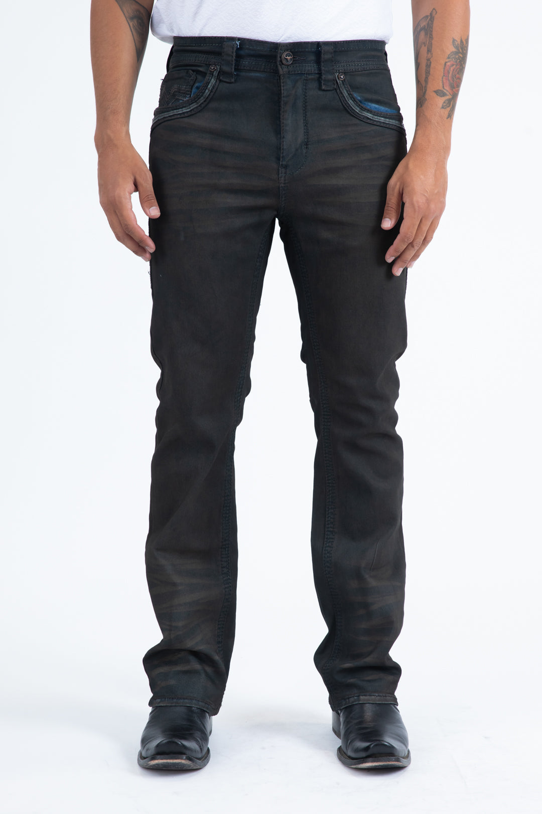 dark stone slim boot cut jeans men holt platini front