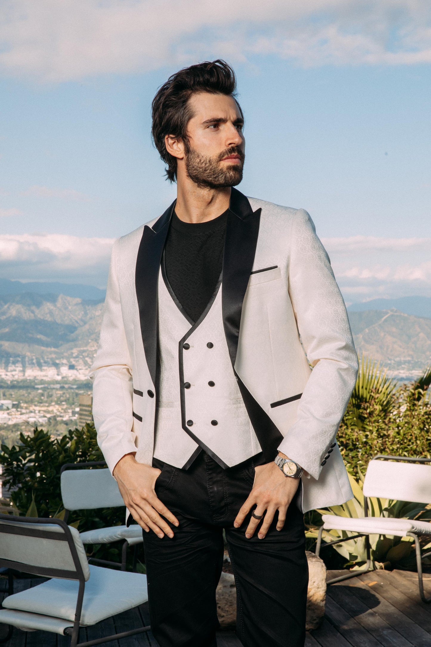 white cream jacquard blazer vest set men platini front