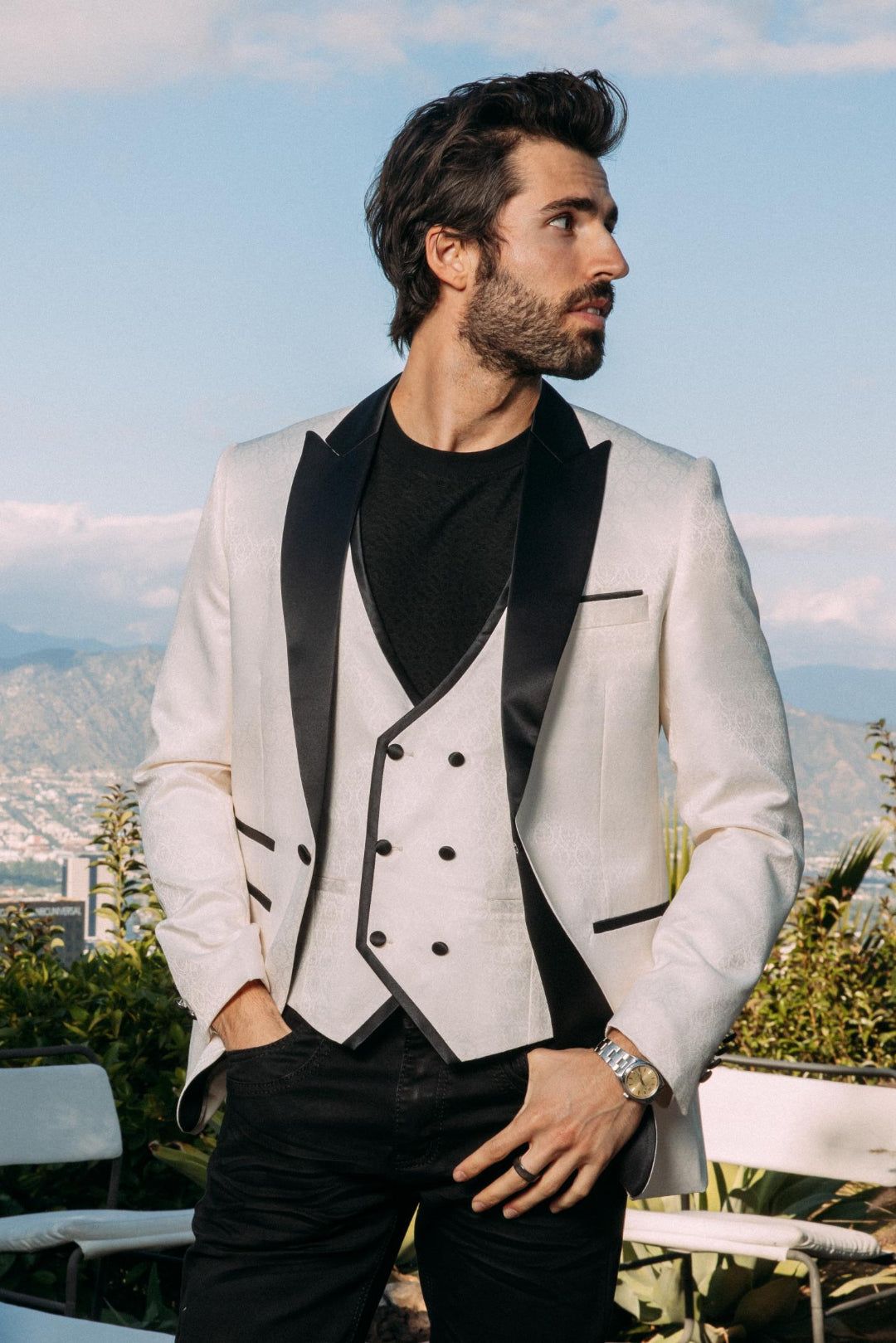 white cream jacquard blazer vest set men platini lifestyle