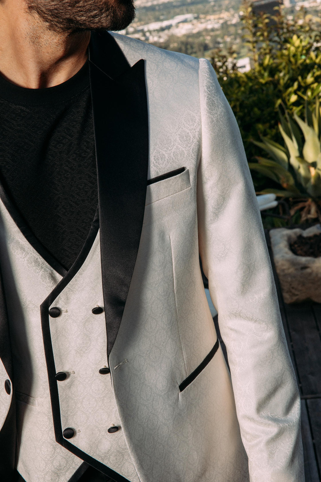 white cream jacquard blazer vest set men platini detail