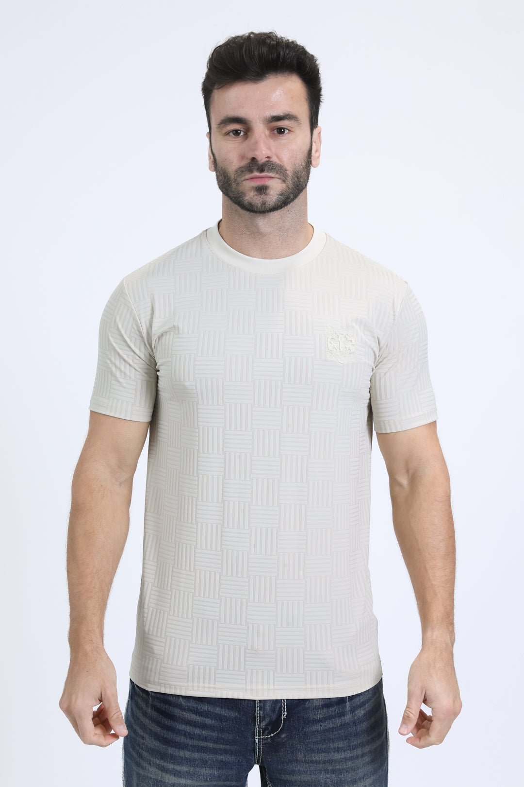 beige jaguar stripe tee front platini